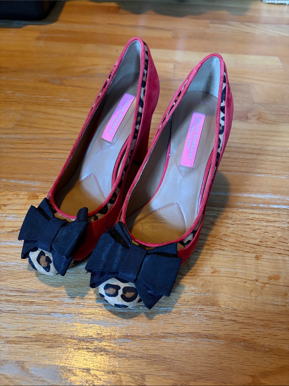 Red Women's Bow Accent Flats with Leopard Toe